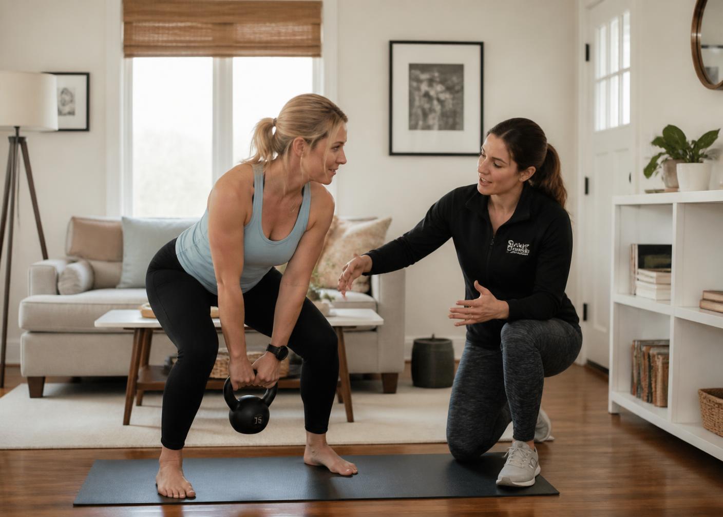 A personal training session taking place in a client's living room