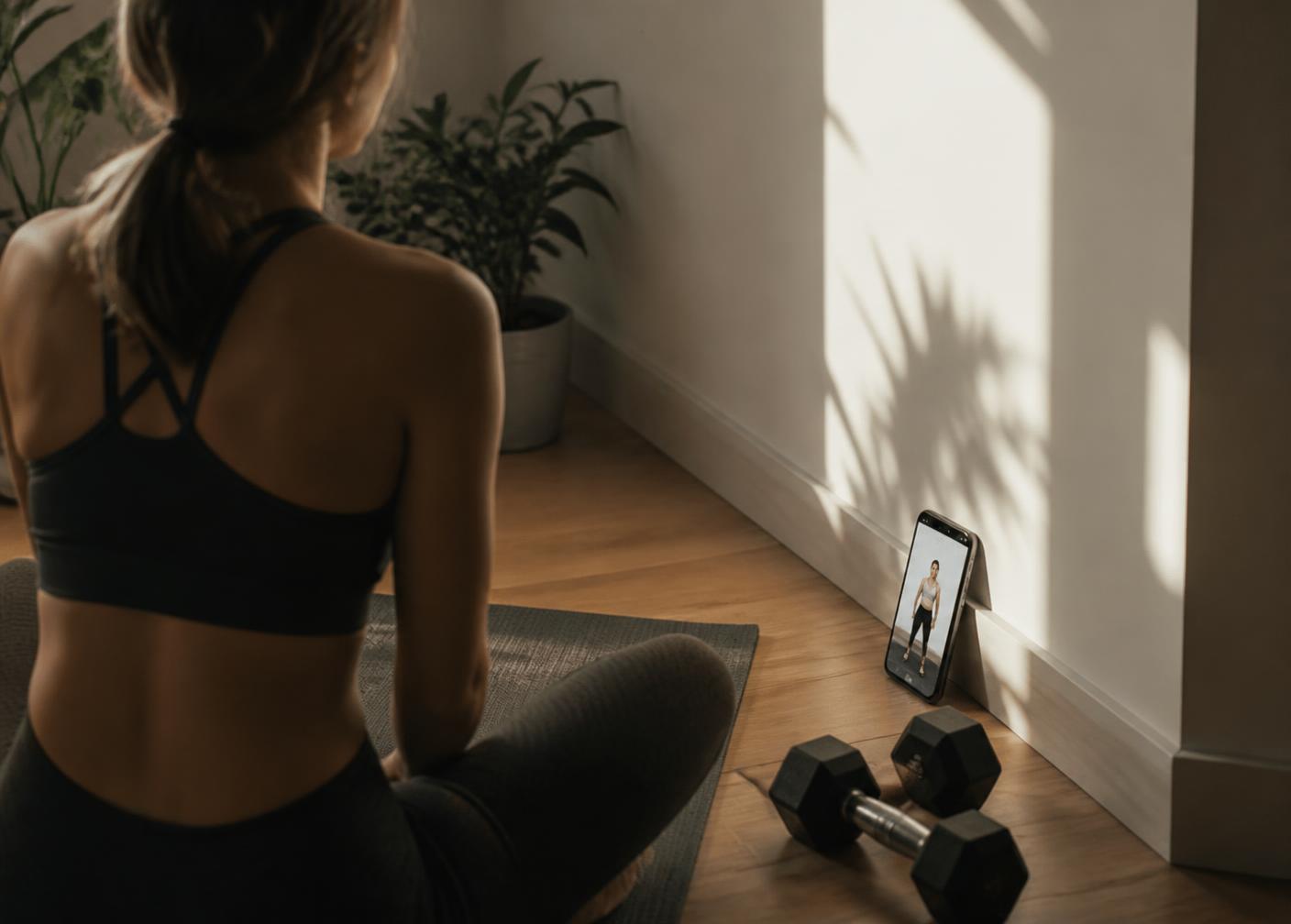A client following an online training programme at home